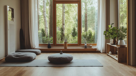A bright and inviting living room featuring soft cushions, natural light streaming through a large window, and greenery, creating a perfect peaceful retreat for relaxation.の素材