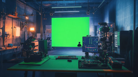 Explore a modern film studio featuring a vibrant green screen, innovative equipment, and a dynamic workspace designed for video production and creative filmmaking projects.の素材