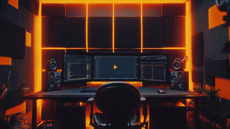 A chic modern home office setup featuring dual monitors, a stylish gaming chair, and vibrant lighting. Perfect for productivity, gaming, or content creation.の素材