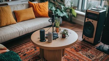 A cozy modern living room showcasing stylish furniture and vibrant plants, perfect for relaxation and creativity with a microphone and music speaker setup.の素材