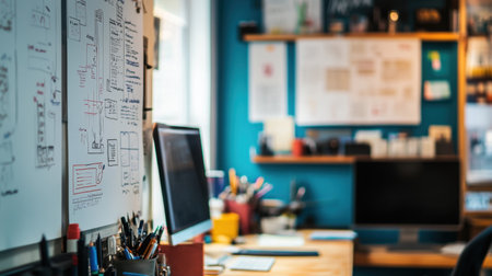 A vibrant home office showcasing a well-organized desk with modern computers, colorful stationery, and a whiteboard filled with notes, perfect for inspiring creativity.の素材