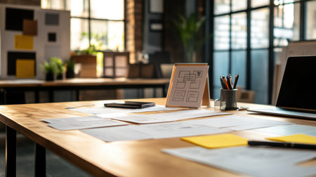 A modern office workspace featuring a clean desk with stationery and documents, designed for collaboration and productivity in a bright, inviting environment.の素材
