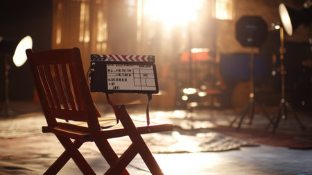 A captivating film production setup featuring a wooden chair and clapperboard under bright lights, showcasing the art of filmmaking in a dynamic studio atmosphere.の素材