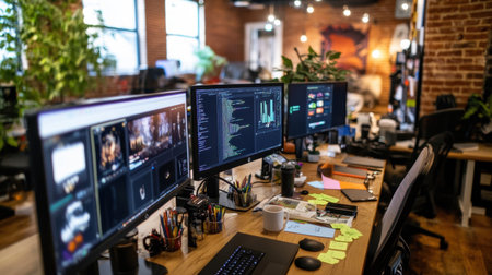 Bright modern office workspace featuring multiple computer screens displaying colorful designs, accompanied by lush indoor plants, fostering creativity and productivity.の素材