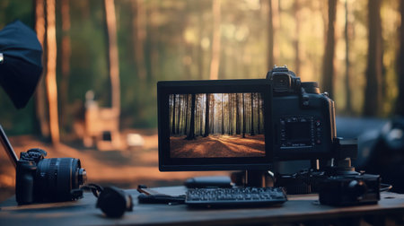 A creative photography workspace set in a serene forest. A camera and computer display a tranquil woodland scene, merging nature with technology in an inspiring outdoor setup.の素材