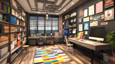 A vibrant modern workspace designed for creativity and productivity. Features colorful decor, ample shelving, and a stylish desk, perfect for inspiration and organization.の素材
