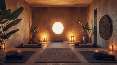 A tranquil yoga studio showcasing soft textures, greenery, and ambient lighting. This serene environment promotes relaxation, mindfulness, and overall wellness practices.の素材