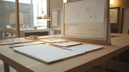 A modern architectural office features sketches and layout plans displayed on a wooden table, illuminated by natural light, reflecting a creative and organized workspace.の素材