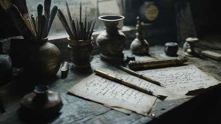 A captivating arrangement on a vintage desk showcases an array of antique writing tools, including pens, inkwells, and parchment papers, illuminated by soft natural light.の素材