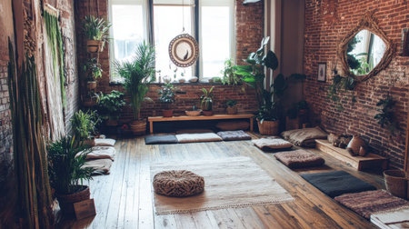 A tranquil meditation space featuring natural elements, cozy textiles, and abundant greenery. Perfect for relaxation and mindfulness practices in a minimalist design.の素材