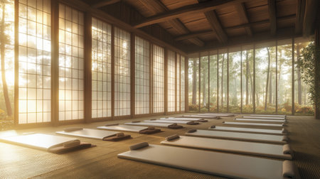 A tranquil yoga studio bathed in natural light, featuring yoga mats laid out in a serene setting surrounded by a peaceful forest, perfect for mindfulness sessions.の素材