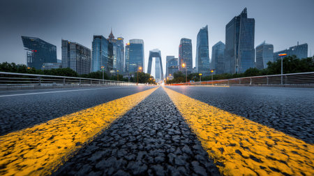 Captivating view of a deserted urban road leading to modern skyscrapers under a dusky sky. The image highlights architectural beauty and urban design in a metropolitan setting.の素材