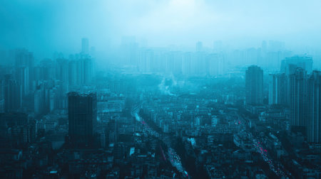 A captivating urban scene showcasing a misty skyline filled with towering skyscrapers under a blue hue, creating an ethereal atmosphere on a cloudy day.の素材