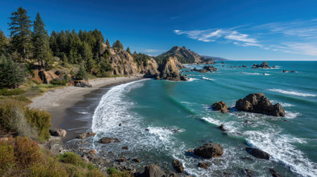 This stunning coastal landscape captures the beauty of rocky shores meeting turquoise waters, framed by vibrant greenery and clear blue skies, ideal for nature lovers.の素材