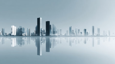 This image features a sleek urban skyline set against a calm water surface. The reflective quality adds depth and tranquility, creating a serene atmosphere perfect for various projects.の素材