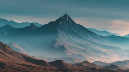 Explore a stunning mountain landscape featuring a striking peak shrouded in mist. This image evokes tranquility and beauty at dawn, perfect for nature enthusiasts.の素材