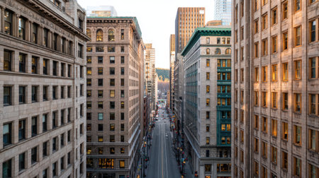 Captivating view of a city street framed by historic and modern buildings during golden hour, showcasing architectural diversity and serene urban atmosphere.の素材