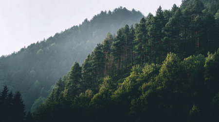 Discover the serene beauty of a lush green forest nestled against misty mountains, showcasing nature's vibrant colors and captivating atmosphere in this tranquil scene.の素材
