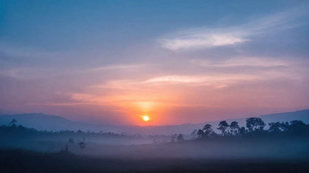 A breathtaking view of a serene landscape at sunrise, showcasing misty hills and soft colors in the sky. Perfect for nature enthusiasts and landscape photography.の素材