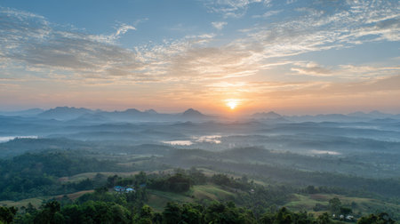 A stunning view of a sunrise illuminating green mountains and a misty valley. Soft clouds grace the sky, creating a peaceful and serene atmosphere in early morning light.の素材