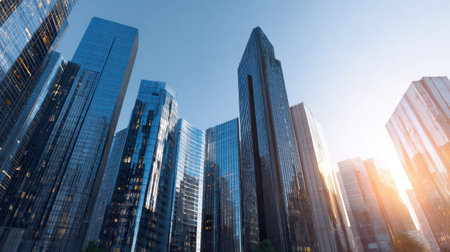 A captivating view of a modern urban skyline showcasing tall glass buildings reflecting the golden hues of sunset against a clear blue sky, emphasizing contemporary architecture.の素材