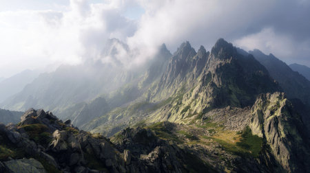 Stunning view of a mountain landscape showcasing jagged peaks and rolling hills. Dramatic clouds envelop the scene, creating a serene and majestic atmosphere.の素材