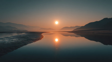 A serene scene captured at sunrise, showcasing stunning reflections over still water with gentle mountains in the background and soft colors in the sky.の素材