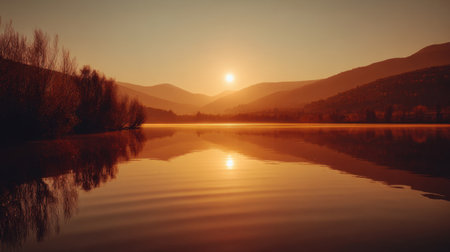 A breathtaking sunrise casts warm hues over a serene lake surrounded by mountains, reflecting nature's beauty in a tranquil setting, ideal for relaxation.の素材