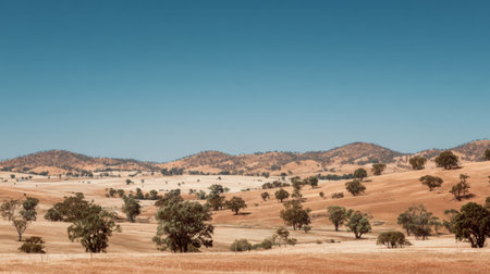 This tranquil landscape features golden fields and gentle hills under a clear blue sky, capturing the essence of rural beauty and serene nature.の素材