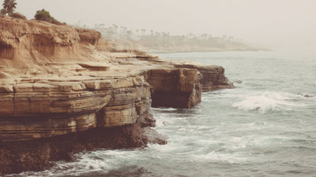 Capture the beauty of a tranquil coastal landscape featuring dramatic cliffs and gentle waves under a soft, hazy sky. Ideal for nature lovers and travelers.の素材