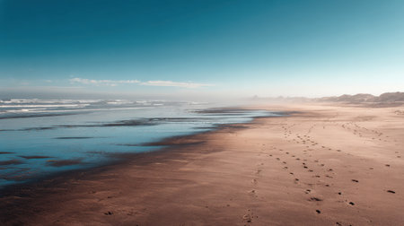 Experience a serene beach scene featuring gentle waves lapping against a sandy shoreline. Footprints trace a path towards the horizon under a clear sky.の素材
