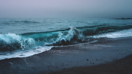 A tranquil coastal scene features gentle waves lapping the dark sand beach, captured at dusk. The moody atmosphere and soft colors create a serene environment perfect for relaxation.の素材