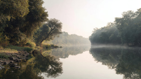 A tranquil scene of a river shrouded in morning mist, bordered by lush trees and reflecting the soft light of dawn, perfect for nature lovers and adventurers.の素材