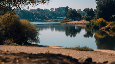 This serene river landscape captures the peacefulness of nature with clear waters reflecting lush greenery under a sunny sky, perfect for relaxation or exploration.の素材
