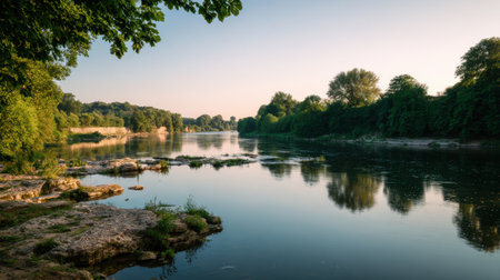 A picturesque river landscape showcasing the beauty of nature during sunset, with lush green trees and calm waters reflecting the soft light creating a peaceful ambiance.の素材