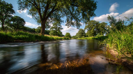 Stunning river landscape showcasing a tranquil scene with lush greenery, a clear blue sky, and calm waters reflecting the beauty of nature, perfect for outdoor themes.の素材