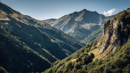 Breathtaking view of a mountainous landscape filled with vibrant greenery and steep rugged peaks, inviting exploration and offering a sense of peace in nature.の素材