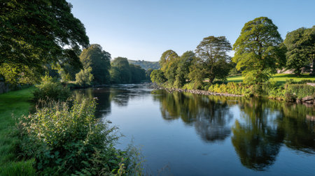 A tranquil river flows gently through a lush landscape, featuring vibrant trees reflected in the calm water under a clear blue sky, evoking peace and serenity.の素材