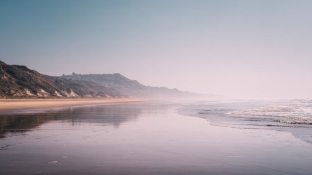 A tranquil coastal scene showcasing soft waves on a sandy beach with gentle mist rising over rolling hills under a clear sky at dawn or dusk, inviting relaxation.の素材