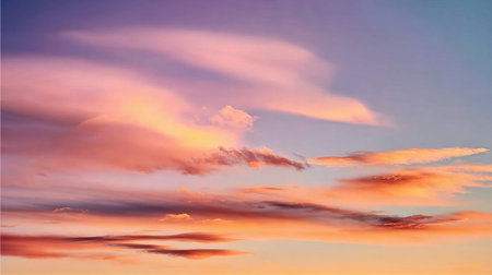 Captivating pastel sky at dawn showcases a breathtaking view of fluffy clouds in shades of pink, orange, and blue, creating a serene outdoor atmosphere.の素材