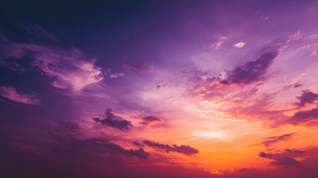 A breathtaking display of vibrant colors fills the sky as the sun sets, showcasing rich purples and oranges blended with soft clouds, creating a tranquil atmosphere.の素材