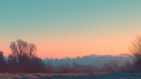 Captivating winter sunrise scene featuring a tranquil landscape with silhouetted trees against a soft pastel sky, creating a serene and peaceful atmosphere.の素材