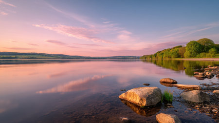 A tranquil view of a lake at dusk, showcasing beautiful reflections of the colorful sky on calm water. Rocks line the shore, surrounded by lush greenery.の素材