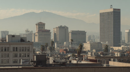 A captivating urban skyline view showcasing modern architecture against a hazy mountain backdrop, adorned with palm trees, reflecting the city's vibrant atmosphere.の素材