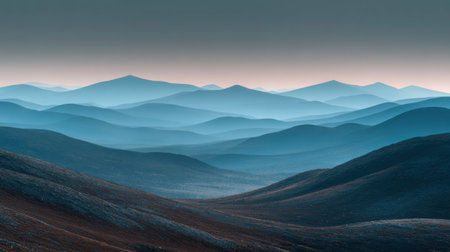 Explore the tranquil beauty of a blue mountain landscape, where soft layers of fog create a serene atmosphere over rolling hills at dawn or dusk.の素材