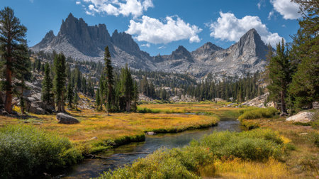 Explore a stunning mountain landscape featuring a clear stream winding through vibrant greenery. Majestic peaks rise under a bright blue sky, offering a picturesque outdoor scene.の素材
