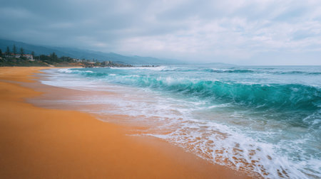 A stunning view of gentle ocean waves washing ashore on a peaceful sandy beach, set against a backdrop of dramatic clouds and soft coastal scenery. Perfect for relaxation.の素材