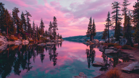 A picturesque landscape featuring a calm lake reflecting pine trees against a backdrop of stunning pink and purple skies at dusk. Ideal for nature lovers.の素材