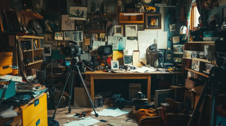 Explore a vibrant and cluttered artist studio filled with vintage photography equipment and art supplies, creating an intimate and energetic atmosphere for creativity.の素材