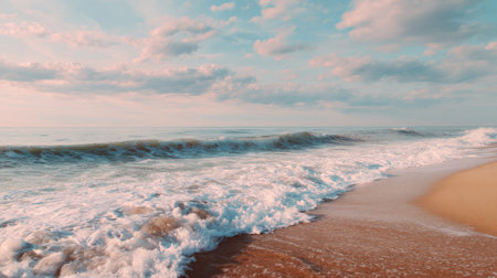 A serene beach scene featuring gentle waves rolling onto the shore under a pastel sky. The tranquil setting evokes a sense of peace and natural beauty, perfect for relaxation.の素材